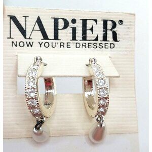 Vintage Napier Silver Tone Hoop Earrings Faux Pearls & Rhinestones